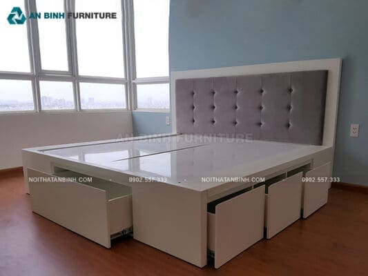 Hoàn thiện giường ngăn kéo MDF sơn trắng – chị Thúy, TPHCM