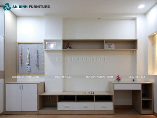 Thi công kệ tivi gỗ MDF Melamine nhà anh Vũ, TPHCM