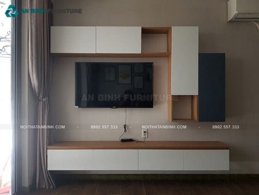 Thi công kệ tivi gỗ MDF Melamine nhà anh Khoa, TPHCM