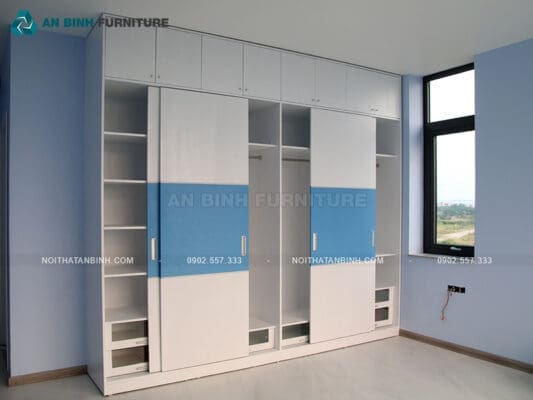 Hoàn thiện tủ áo cửa lùa Veneer phủ sơn – chị Khanh, TPHCM