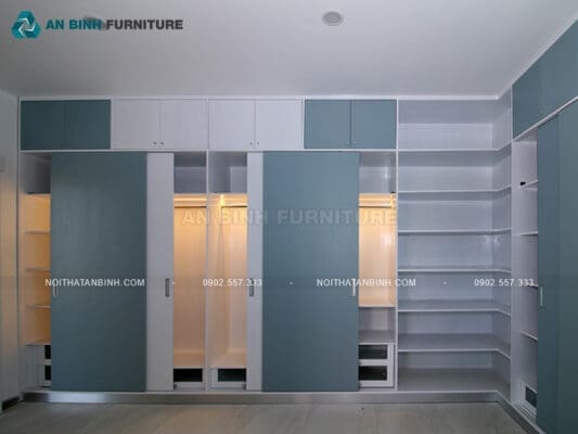 Thực tế tủ áo cửa lùa Veneer phủ sơn – chị Khanh, TPHCM