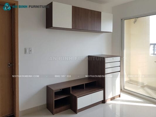 Bàn giao kệ tivi gỗ MDF Melamine nhà anh Huy, TPHCM