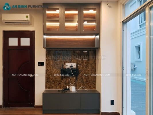 Thi công kệ tivi gỗ MDF Melamine nhà anh Long, TPHCM