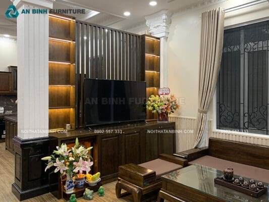 Thực tế kệ tivi gỗ Sồi nhà chị Thương, Đồng Nai