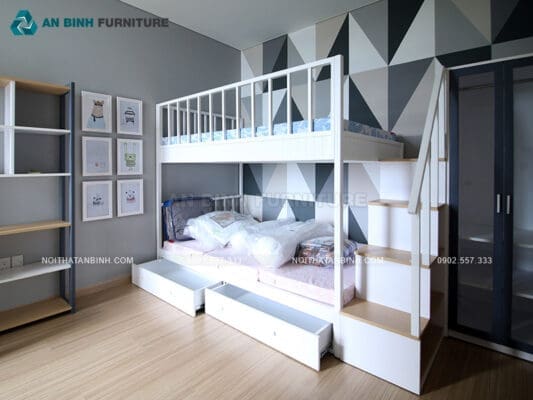 Hoàn thiện giường tầng gỗ Sồi sơn trắng – anh Phong, Bình Dương