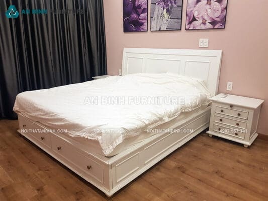 Hoàn thiện giường ngăn kéo gỗ Sồi sơn trắng – chị Yến, TPHCM