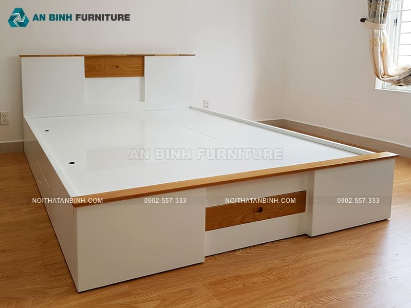 Giường ngăn kéo MDF trắng phối vân gỗ sang trọng - GNK006
