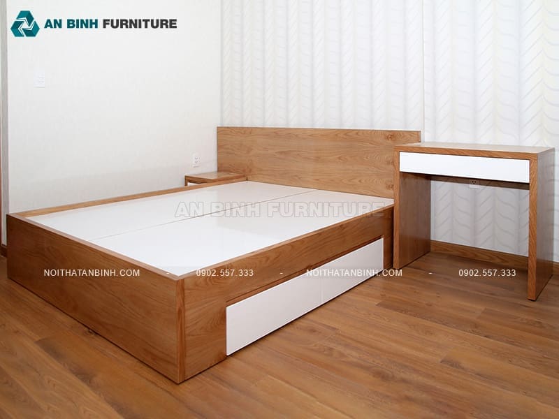 Giường ngủ có ngăn kéo MDF vân gỗ phối trắng tinh tế - GNK008