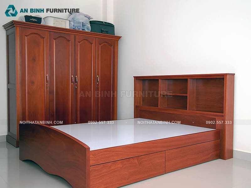 Giường ngăn kéo gỗ Xoan Đào kèm kệ lưu trữ tiện ích - GNK014