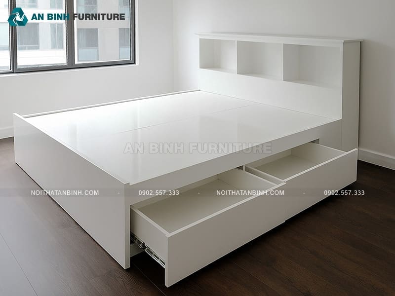 Giường ngăn kéo MDF trắng kèm kệ lưu trữ - GNK016