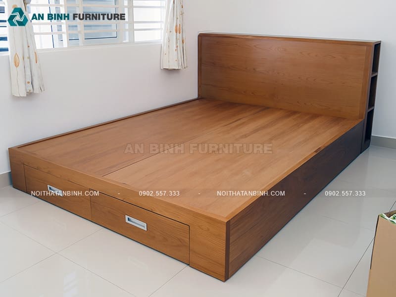 Giường ngăn kéo gỗ Sồi dáng thấp có kệ hông - GNK018