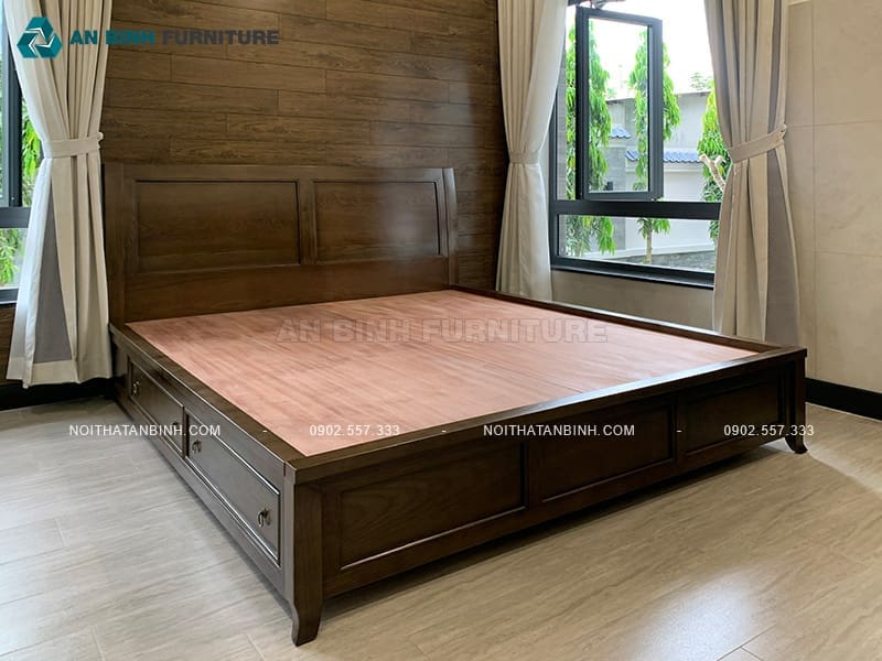 Giường ngăn kéo gỗ Sồi màu óc chó cổ điển sang trọng- GNK025