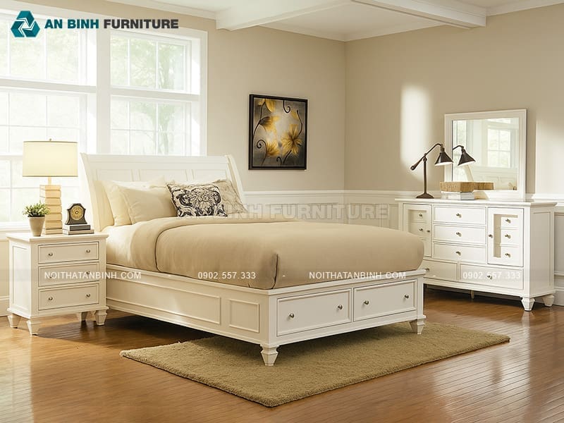 Giường ngủ có ngăn kéo gỗ Sồi đầu cong tân cổ điển - GNK026