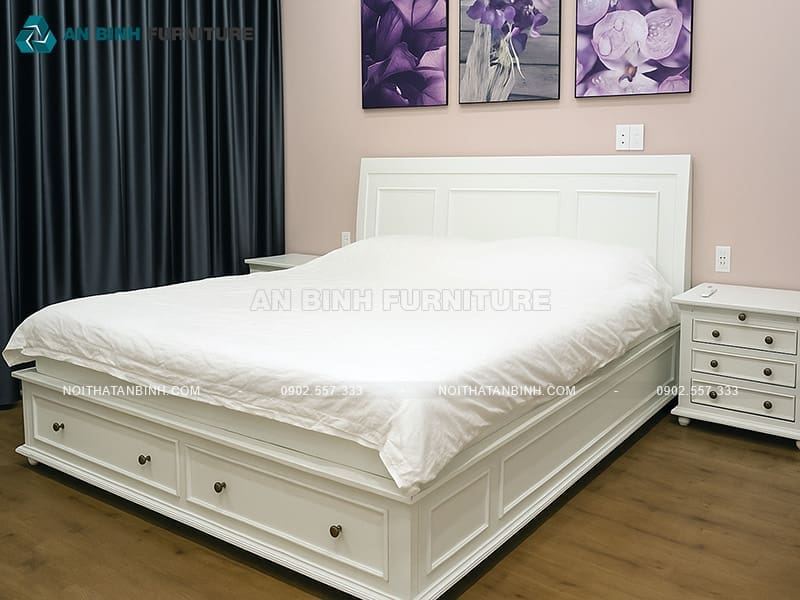 Giường ngăn kéo gỗ Sồi đầu cong tân cổ điển - GNK026