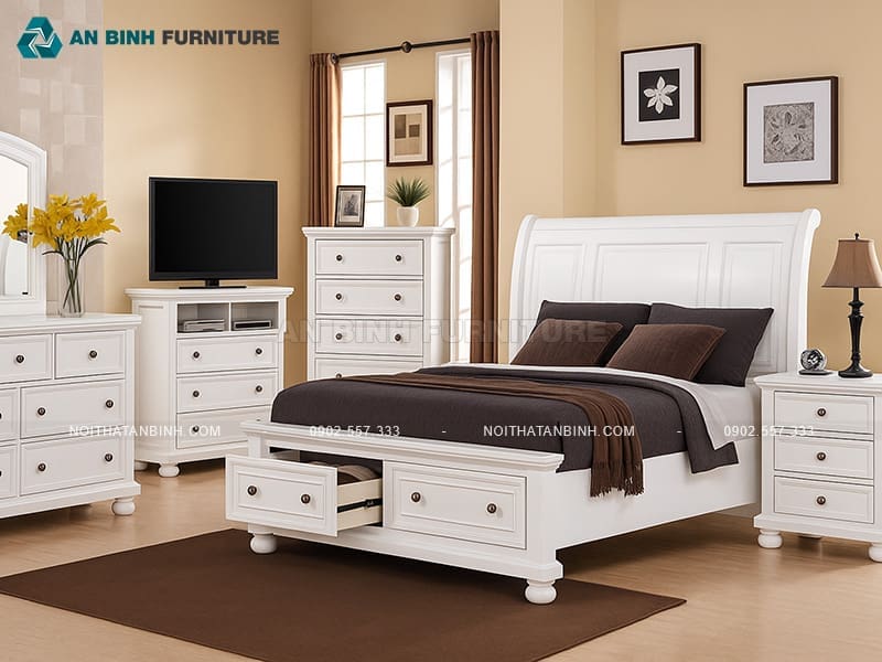 Giường ngăn kéo gỗ Sồi sơn trắng phong cách Châu Âu - GNK027