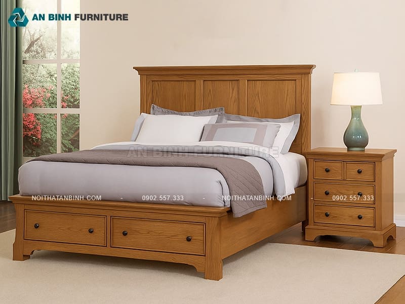 Giường ngăn kéo gỗ Sồi đầu giường pano sang trọng - GNK028