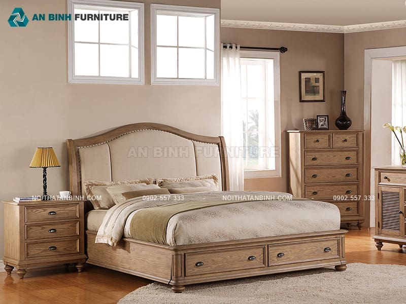 Giường ngủ có ngăn kéo gỗ Sồi đầu cong bọc nệm tinh tế - GNK030