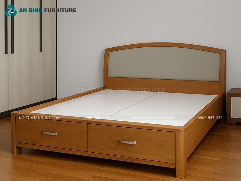 Giường ngủ có ngăn kéo gỗ Sồi đầu cong bọc nệm - GNK031