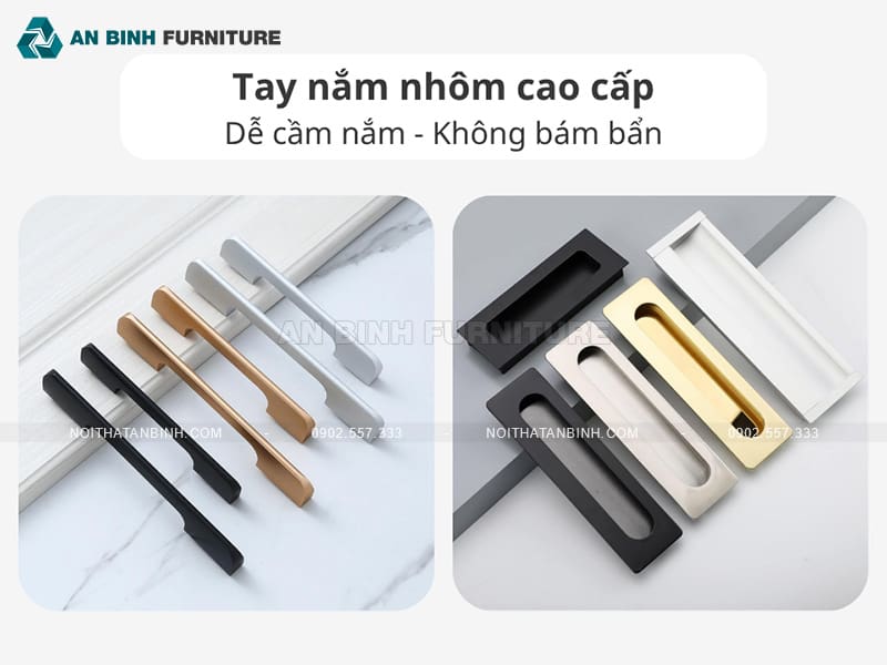 Tay nắm nhôm cao cấp – thiết kế tinh tế, dễ cầm nắm, không bám bẩn, phù hợp mọi phong cách nội thất.