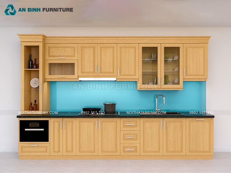 Tủ bếp gỗ sồi tự nhiên chữ I, kính tông xanh nhẹ nhàng - TBGS023