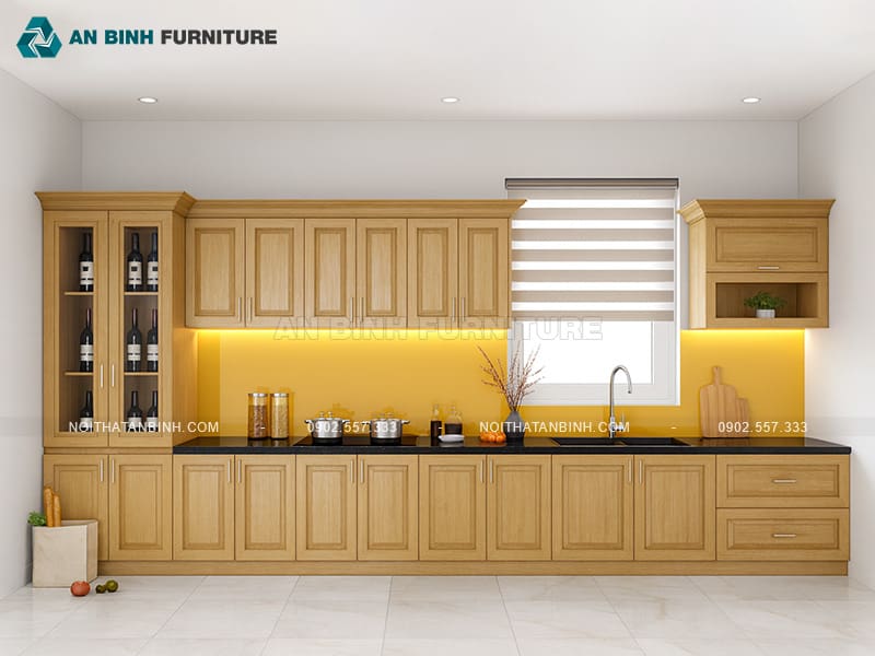Tủ bếp gỗ sồi chữ I đẹp, tone sáng sang trọng hiện đại - TBGS025