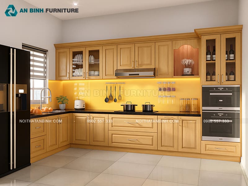 Tủ bếp gỗ sồi chữ L hiện đại, tông vàng ấm sang trọng - TBGS026