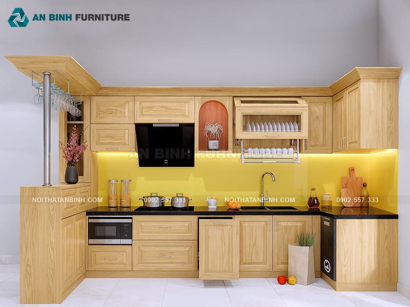 Tủ bếp gỗ sồi chữ L hiện đại, tích hợp bar mini tiện lợi - TBGS027