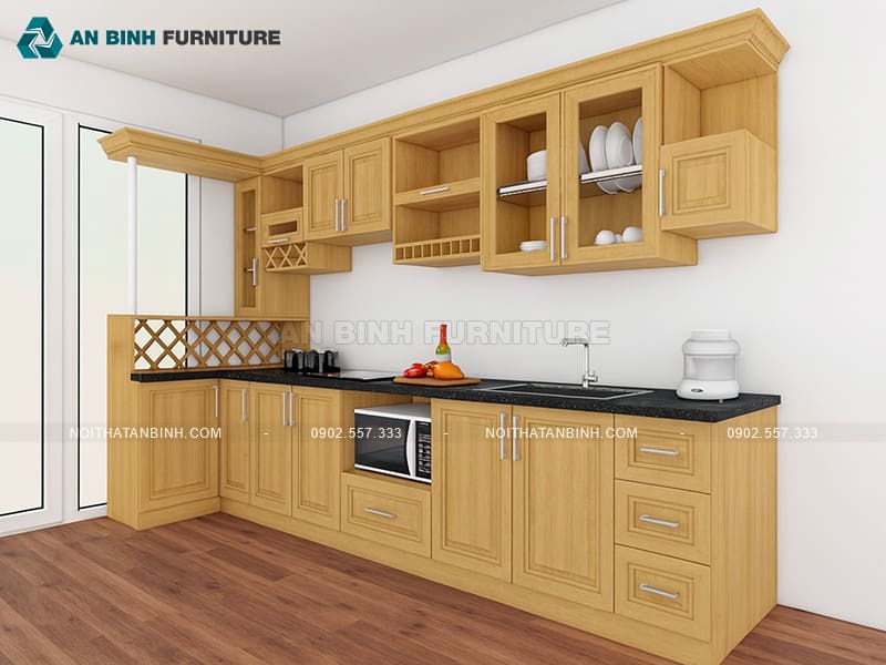 Mẫu tủ bếp gỗ sồi chữ L có bar nhỏ tiện nghi cho nhà phố - TBGS029