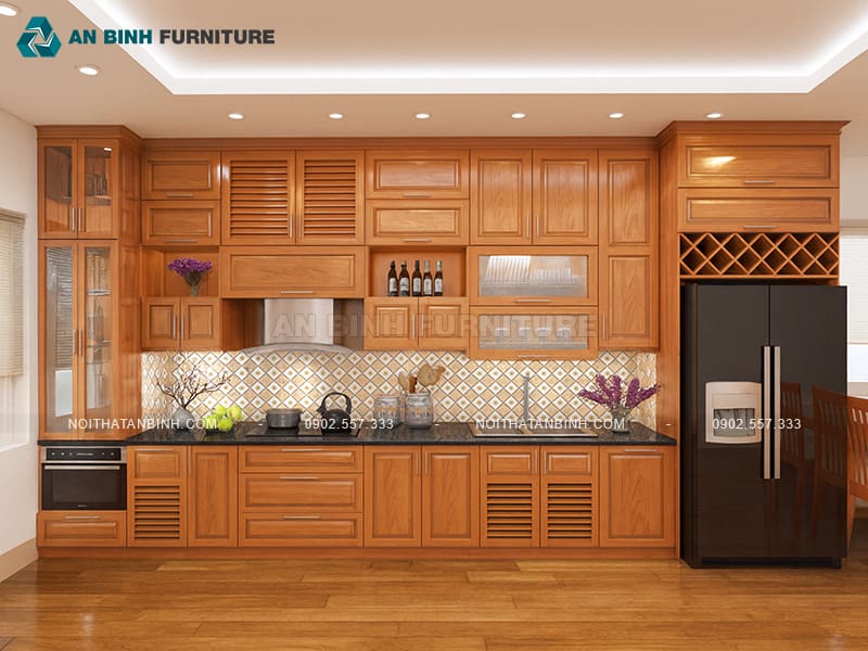 Thiết kế tủ bếp xoan đào cao sát trần, gạch hoa nổi bật - TBXD021