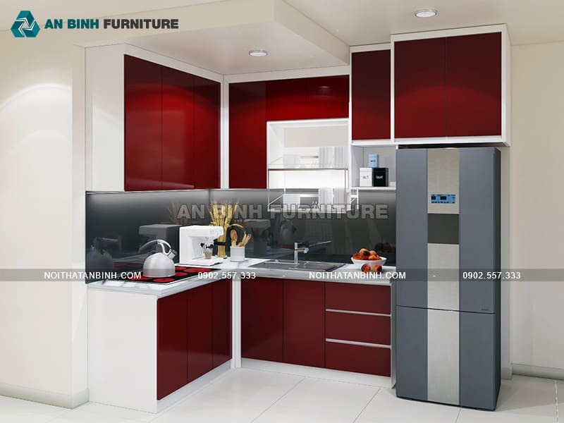 Tủ bếp gỗ công nghiệp MDF cánh phủ Acrylic đỏ nổi bật - TBAC001