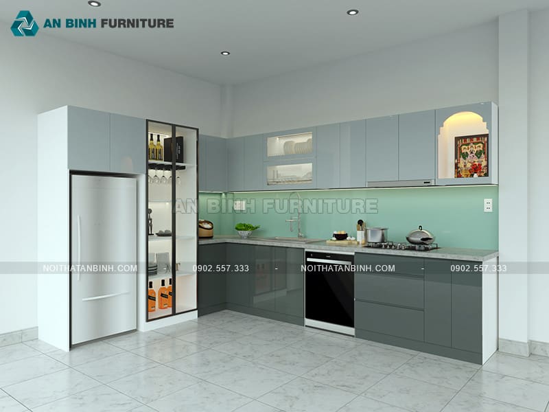 Tủ bếp nhựa PVC cánh phủ Acrylic phối màu xanh ngọc - TBAC003