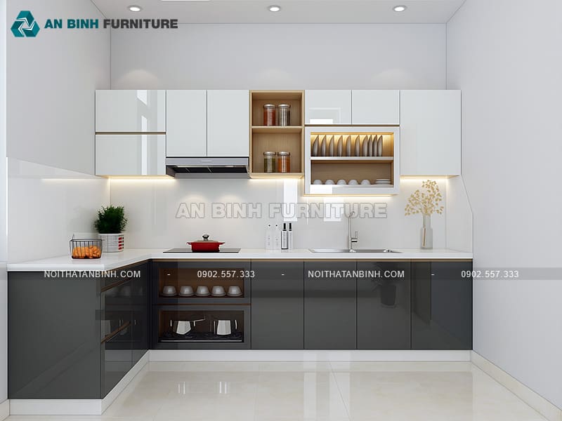 Tủ bếp gỗ MDF cánh phủ Acrylic bóng gương trắng ghi - TBAC010