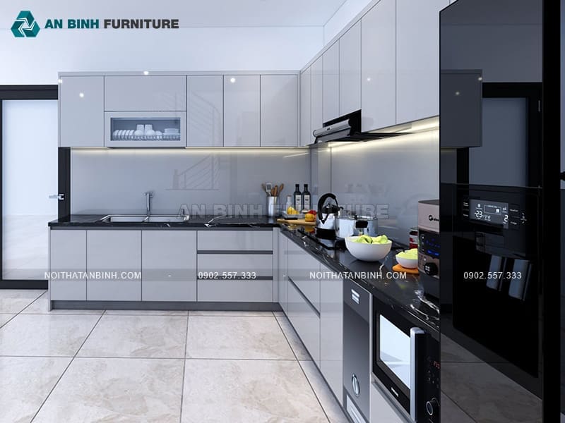 Tủ bếp nhựa đặc PVC phủ Acrylic xám hiện đại tinh tế - TBAC019