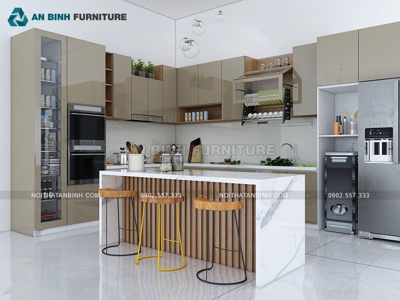 Tủ bếp MDF phủ Acrylic bóng gương kết hợp đảo tiện nghi - TBAC022