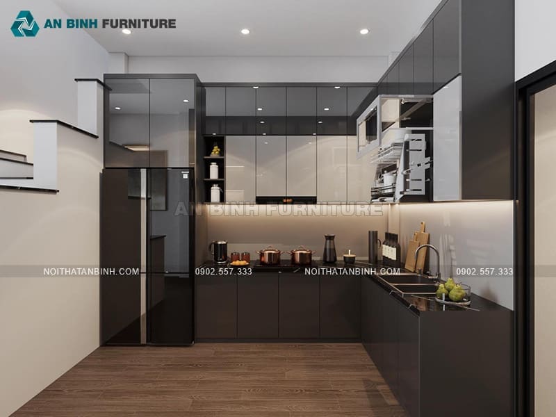 Tủ bếp nhựa PVC phủ Acrylic đen xám hiện đại sang trọng - TBAC023