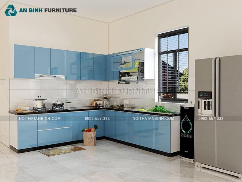 Tủ bếp gỗ MDF phủ Acrylic màu xanh biển nhẹ nhàng - TBAC027