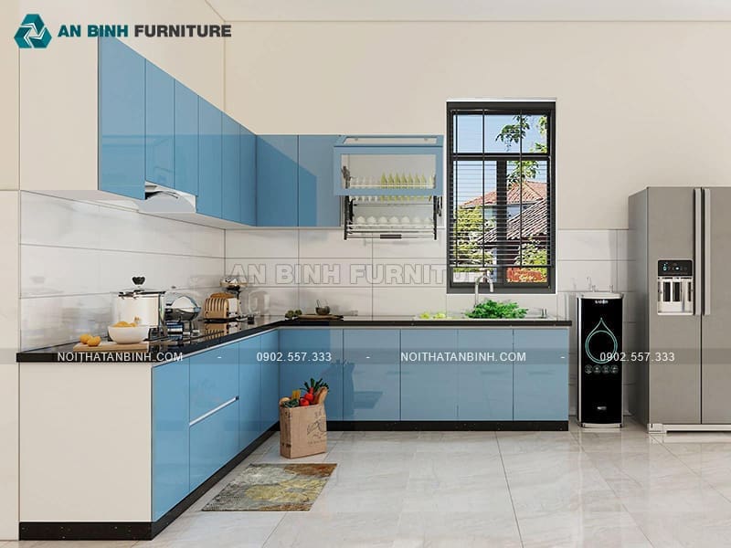 Tủ bếp gỗ MDF phủ Acrylic màu xanh biển nhẹ nhàng - TBAC027