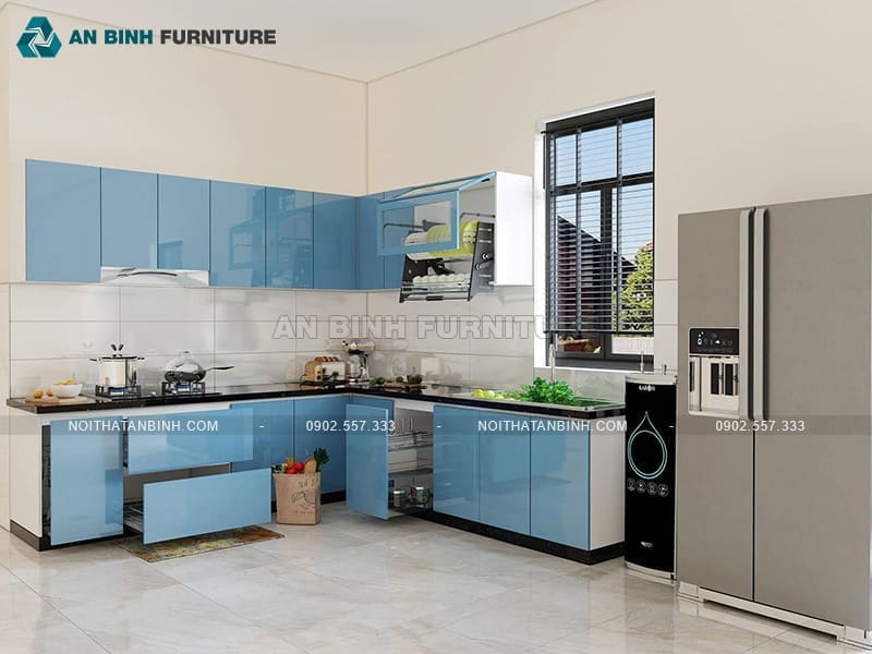 Tủ bếp gỗ MDF phủ Acrylic màu xanh biển nhẹ nhàng - TBAC027