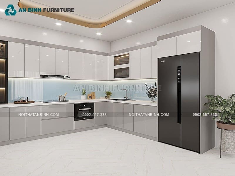 Tủ bếp gỗ MDF cánh phủ Acrylic trắng ghi sang trọng - TBAC029