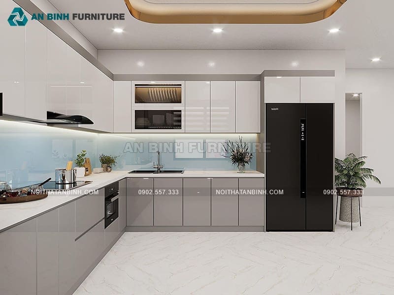 Tủ bếp gỗ MDF cánh phủ Acrylic trắng ghi sang trọng - TBAC029