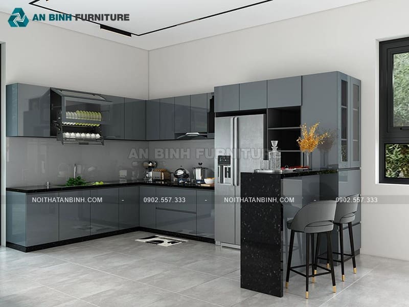 Tủ bếp nhựa PVC phủ Acrylic xanh ghi có quầy bar hiện đại - TBAC030