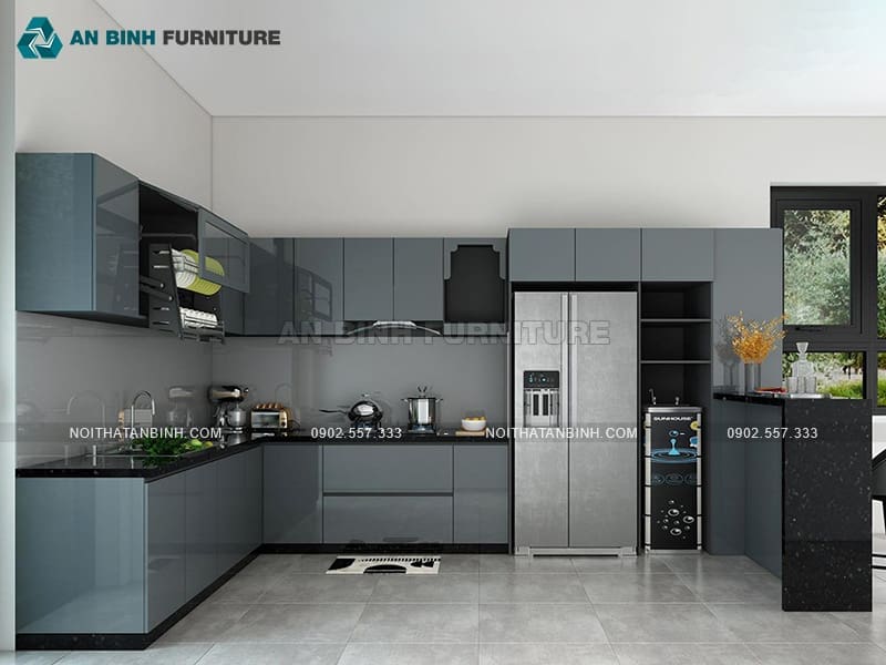 Tủ bếp nhựa PVC phủ Acrylic xanh ghi có quầy bar hiện đại - TBAC030