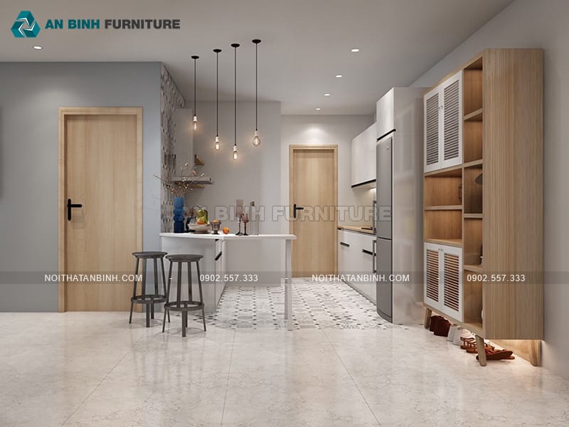 Tủ bếp nhựa PVC Melamine bền đẹp với mặt kính xanh nhạt - TBME013