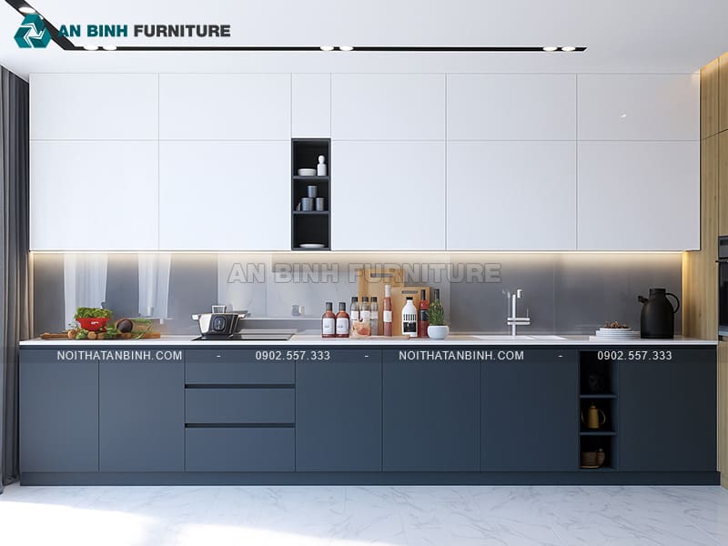 Tủ bếp gỗ MDF chống ẩm Melamine tông trắng xanh hiện đại - TBME021