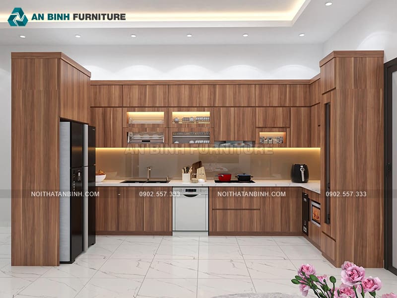 Tủ bếp gỗ MDF Melamine bền đẹp thiết kế chữ U tiện nghi - TBME027
