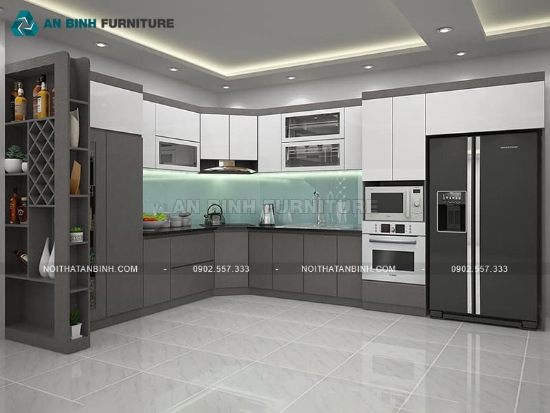 Tủ bếp gỗ MDF Melamine chống ẩm phối trắng ghi hiện đại - TBME028