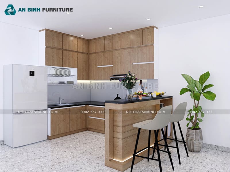 Tủ bếp gỗ MDF phủ Melamine vân gỗ tự nhiên có quầy bar - TBME031