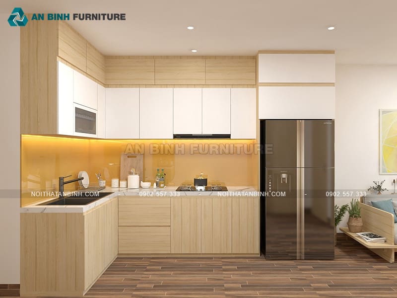 Tủ bếp MDF phủ Melamine bền đẹp phối trắng vàng nổi bật - TBME036