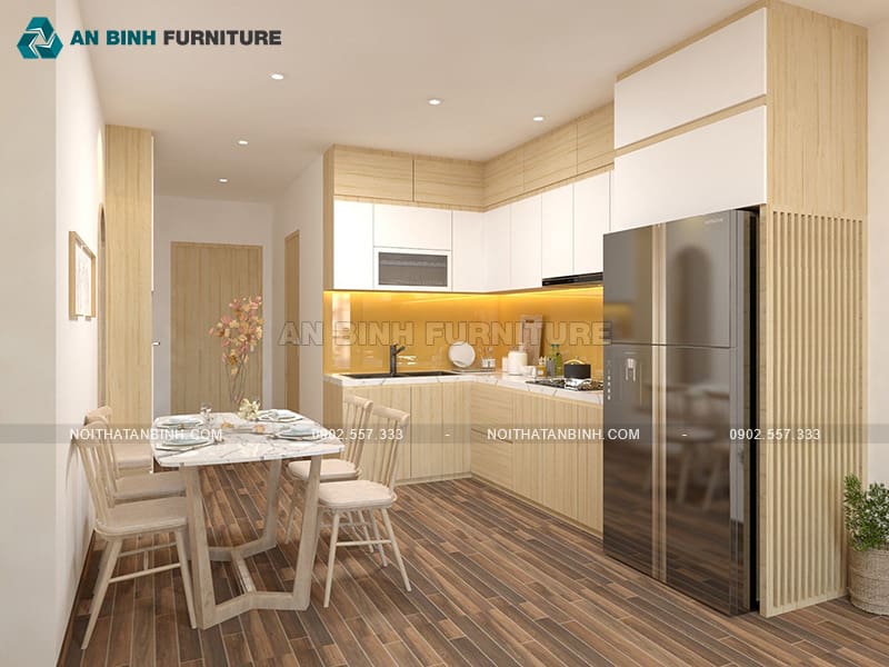 Tủ bếp MDF phủ Melamine bền đẹp phối trắng vàng nổi bật - TBME036