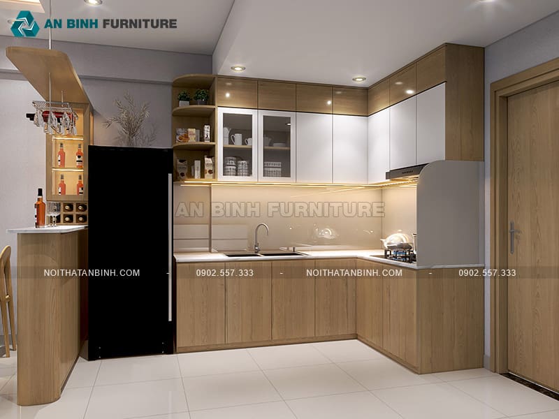 Tủ bếp gỗ MDF phủ Melamine cao cấp tích hợp quầy bar mini - TBME044